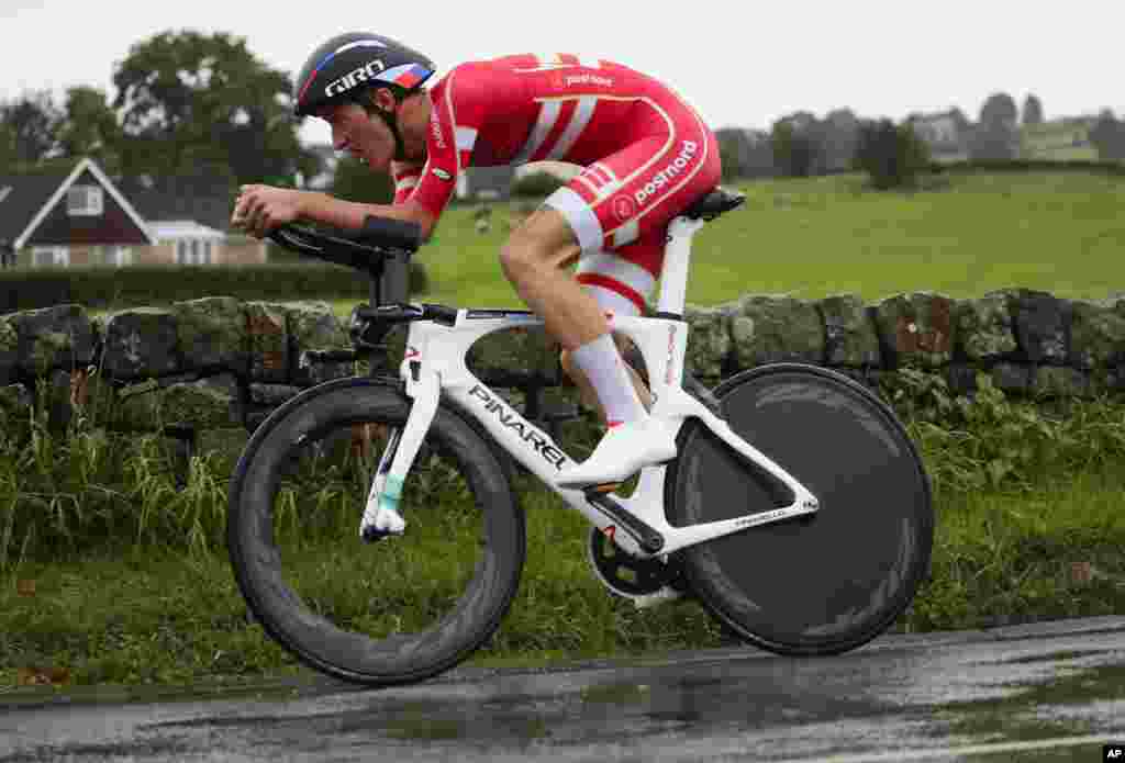 Denmark&#39;s Mikkel Bjerg competes to win the men under 23 individual time trial event, at the 2019 UCI Road World Championships in Harrogate, England.