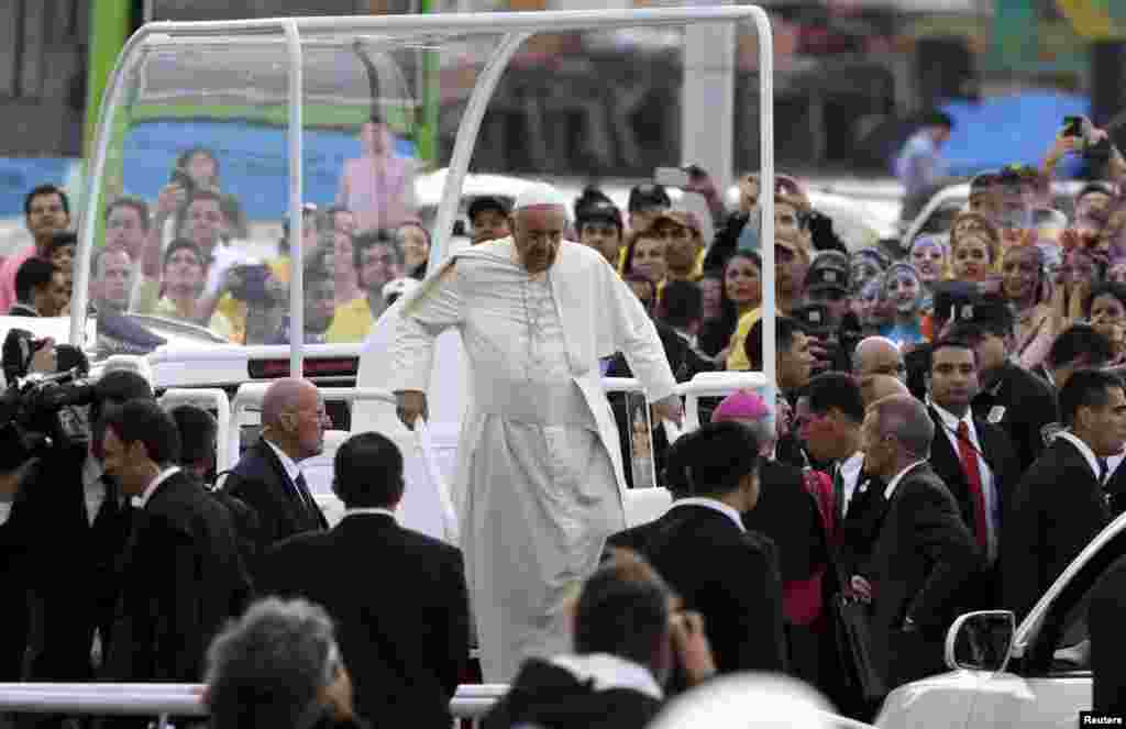 Pope Francis arrives to meet with youths in Asuncion, July 12, 2015.