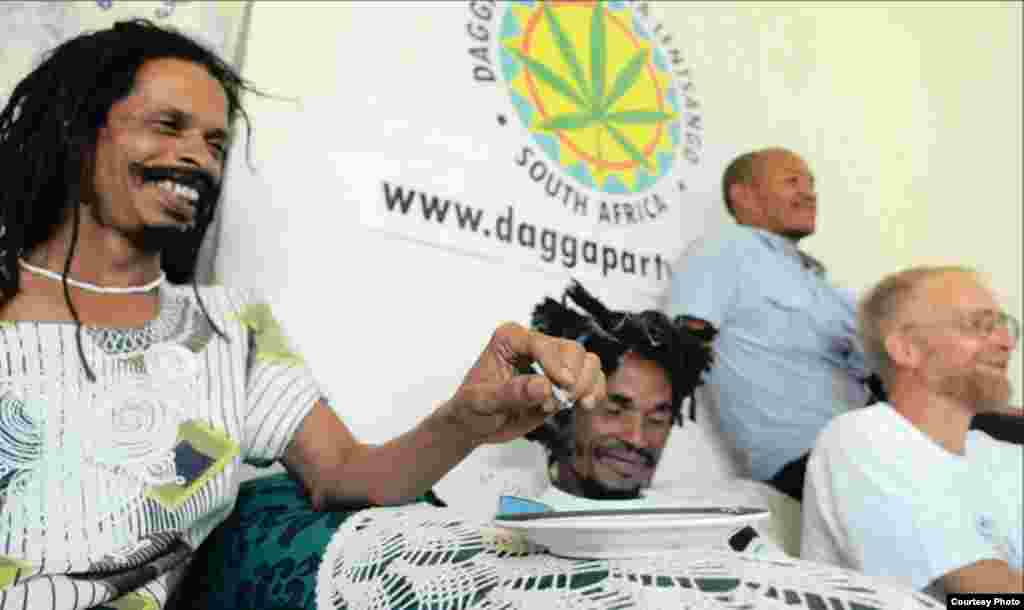 Dagga Party members light joints in front of the media at a Cape Town gathering. (Courtesy Dagga Party)