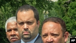 Marc Morial (r) and Ben Jealous, of the National Urban League, and National Association for the Advancement of Colored People (NAACP) address reporters after talks with President Obama, Jul 21, 2011