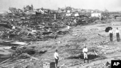A large part of the city of Galveston, Texas, is reduced to rubble after being hit by a surprise hurricane Sept. 8, 1900.