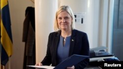 Current Finance Minister and Social Democrat leader Magdalena Andersson attends a press conference after being appointed as the country's new Prime Minister following a voting at the Swedish Parliament Riksdagen in Stockholm, Sweden Nov. 24, 2021. 