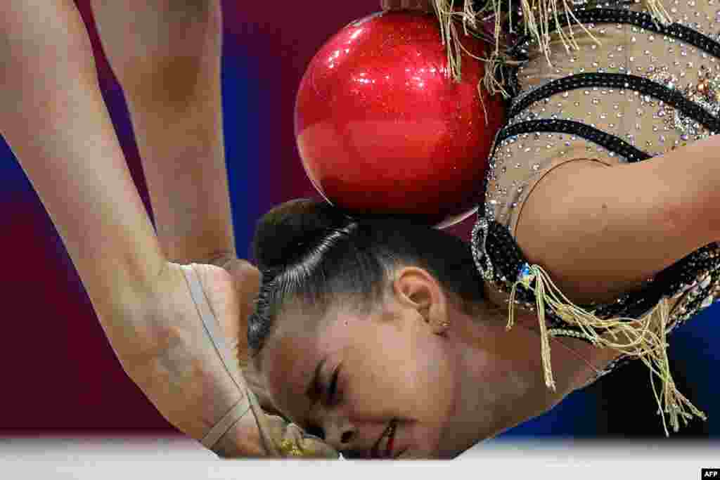 Russia&#39;s Dina Averina competes in the Individual Multiple event of the Rhythmic Gymnastics at the 2019 European Games in Minsk, Belarus, June 22, 2019.