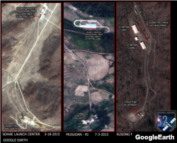 동창리 미사일 발사장(왼쪽)과 무수단리 미사일 발사장(가운데), 금창리의 미사일 기지 추정 시설을 비교한 사진. 조립 및 관측 시설에서 발사대까지의 거리가 비슷하다. S2제공.