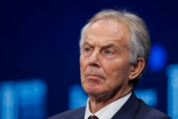 FILE - Former British Prime Minister Tony Blair is pictured during a discussion at the Milken Institute Global Conference, in Beverly Hills, Calif., April 30, 2018.