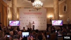 A speaker addresses participants at the Second All-Russia Expert Forum for HIV/AIDS Prevention and Treatment. Critics say the Russian government is focused too much on moral arguments for abstinence instead of education and services.