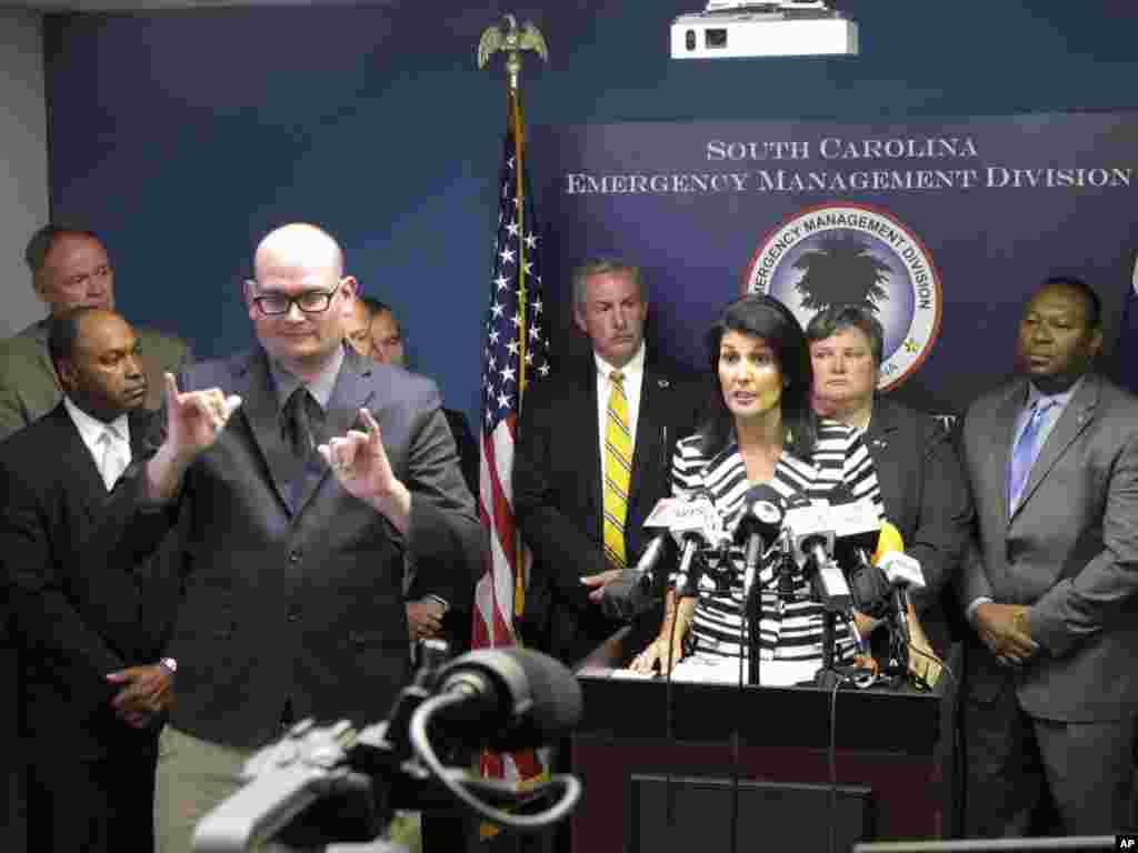 Gov. Nikki Haley announces that she plans to call for the evacuation of about 1 million people from South Carolina's coast as Hurricane Matthew threatens on Oct. 4, 2016, at the South Carolina Emergency Management Division headquarters in Pine Ridge, S.C.