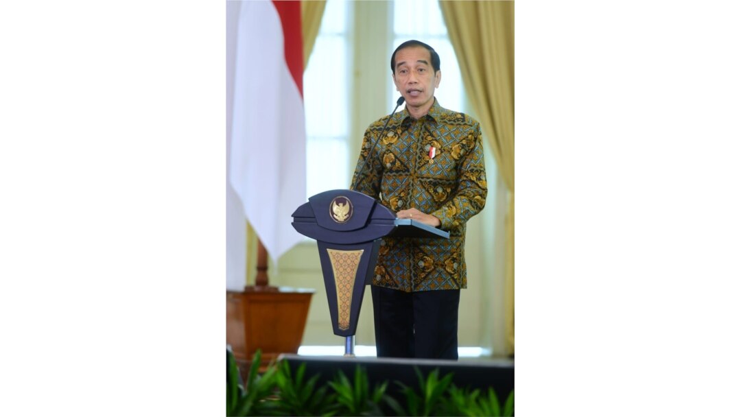 Presiden Jokowi dalam acara Pertemuan Tahunan Industri Jasa Keuangan Tahun 2022 dan Peluncuran Taksonomi Hijau Indonesia secara virtual dati Istana Kepresidenan Bogor Kamis, 20 Januari 2022. (Biro Setpres).