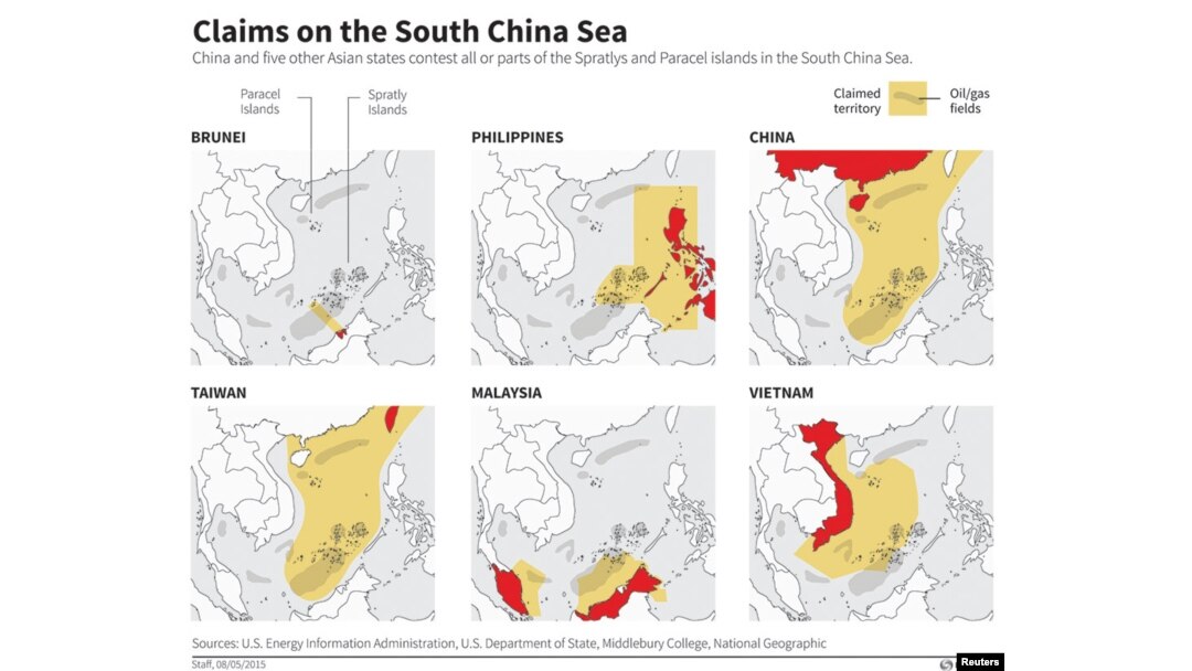 Maps showing the claims of six Asian countries contesting all or parts of the Spratly and Paracel islands in the South China Sea.