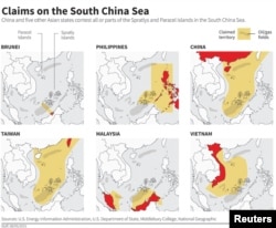 Maps showing the claims of six Asian countries contesting all or parts of the Spratly and Paracel islands in the South China Sea.