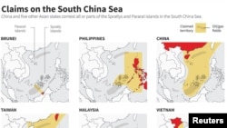 FILE - Maps showing the claims of six Asian countries contesting all or parts of the Spratly and Paracel islands in the South China Sea, May 8, 2015.