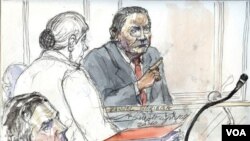 Sketsa persidangan mantan diktator Panama Manuel Noriega (kanan) dalam persidangan di Paris.