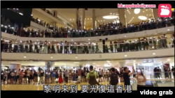 香港市民在港岛太古城中心“与你唱”示威。（2020年4月26日）（香港苹果日报视频截图 ）