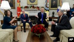 도널드 트럼프 미국 대통령과 마이크 펜스 부통령이 11일 워싱턴 백악관에서 척 슈머 상원 민주당 대표, 낸시 펠로시 하원 민주당 대표와 만났다.
