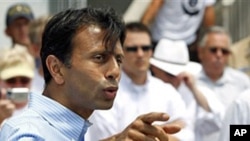 Louisiana Gov. Bobby Jindal speaks at a news conference on the first anniversary of the Deepwater Horizon oil spill in Grand Isle, La., April 20, 2011