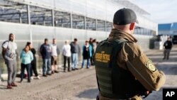 Government agents stand guard alongside suspects taken into custody during an immigration sting at Corso's Flower and Garden Center in Castalia, Ohio, June 5, 2018. 