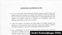 Au Tchad les candidats malheureux à l'élection présidentielle du 10 avril convoqué avant hier à la police judiciaire pour affaire des militaires présumés disparus viennent de publier un communiqué de presse que voici en attache le communiqué en question