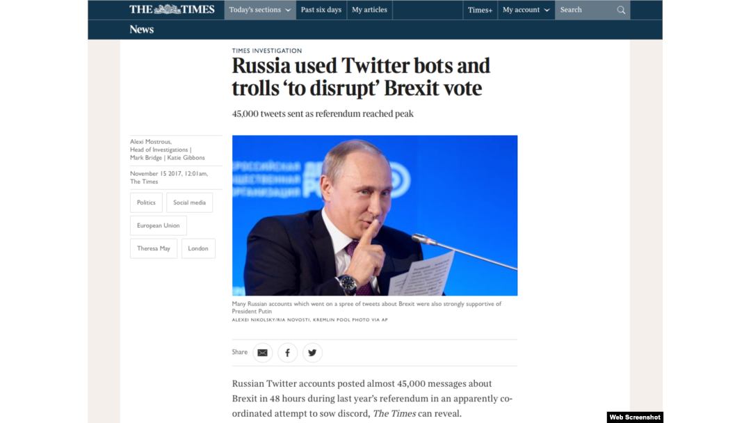 The screenshot shows a British newspaper article alleging Russia interfered in the Brexit referendum.