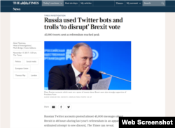 The screenshot shows a British newspaper article alleging Russia interfered in the Brexit referendum.