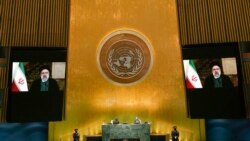 Iran's President's Ebrahim Raisi remotely addresses the 76th Session of the U.N. General Assembly by pre-recorded video, Sept. 21, 2021.