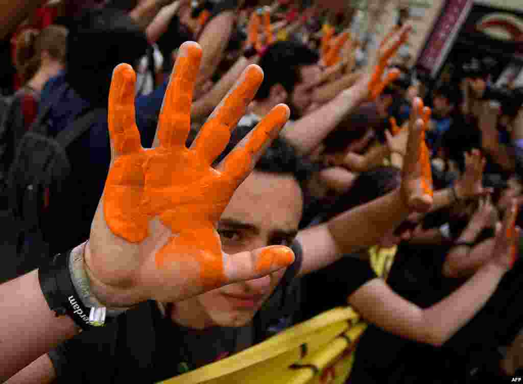 Students protest against the Italian government&rsquo;s &ldquo;Good School&rdquo; reform bill showing their hands colored with paint in front of the Democratic Party (PD) in Rome.