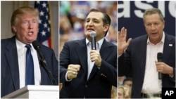 FILE - From left, Republican presidential candidates are seen on the campaign trail: businessman Donald Trump, in Palm Beach, Florida; Texas Senator Ted Cruz, in Provo, Utah; Ohio Governor John Kasich, in Orem, Utah. 