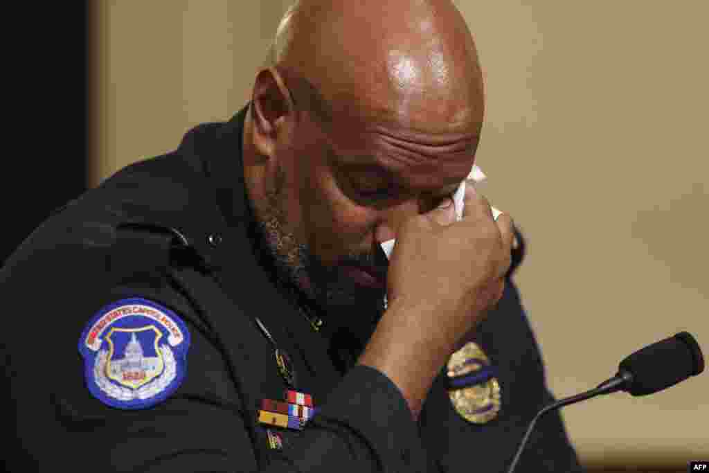 U.S. Capitol Police officer Harry Dunn becomes emotional as he testifies during the Select Committee investigation of the January 6, 2021, attack on the U.S. Capitol, during their first hearing on Capitol Hill.