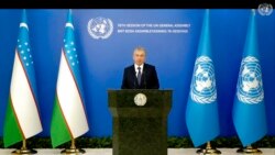 In this photo taken from video, Uzbekistan's President Shavkat Mirziyoyev remotely addresses the 76th session of the United Nations General Assembly in a pre-recorded message, Sept. 21, 2021 at U.N. headquarters. (UN Web TV via AP)