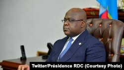 Président Félix Tshsiekedi azali kokamba likita lya mbulamatari na vidéoconférence wuto Cité ya Union africiane, Kinshasa, RDC, 12 juin 2020. (Twitter/Présidence RDC)