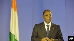 President Alassane Ouattara addresses the nation from the Golf Hotel after former president of Ivory Coast Laurent Gbagbo was arrested by forces that stormed the bunker where he hung on to power in Abidjan, Ivory Coast, April 11 2011