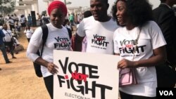 Demonstrators appeal for peaceful elections in Nigeria during an event in Abuja, Feb. 6, 2019. Presidential and legislative elections are set for Saturday, Feb. 16. (G. Alheri/VOA)