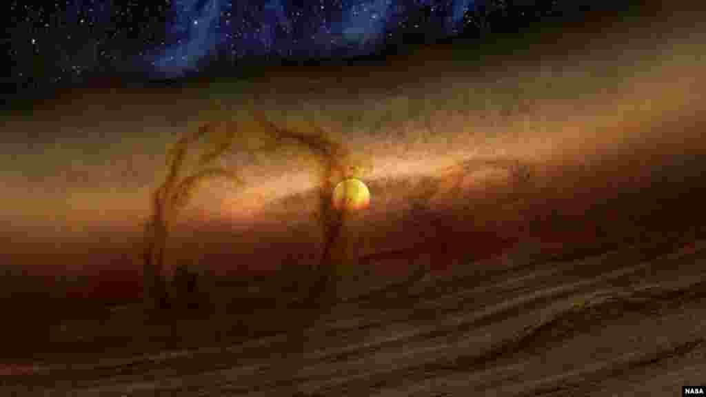 Magnetic loops carry gas and dust above disks of planet-forming material circling stars, as shown in this artist's conception. These loops give off extra heat, which NASA's Spitzer Space Telescope detects as infrared light.