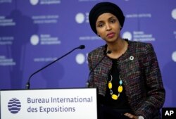 Minneapolis state Representative Ilhan Omar speaks at the 162nd General Assembly of BIE, in Paris, Nov. 15, 2017.