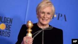 Glenn Close poses in the press room with the award for best performance by an actress in a motion picture, drama for "The Wife" at the 76th annual Golden Globe Awards at the Beverly Hilton Hotel on Sunday, Jan. 6, 2019, in Beverly Hills, Calif. (Photo by Jordan Strauss/Invision/A