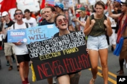 Supporters of Sen. Bernie Sanders, I-Vt., march during a protest in downtown Philadelphia, July 25, 2016, on the first day of the Democratic National Convention.