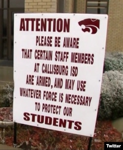 The Callisburg Independent School District in Callisburg, Texas, posts signs at all its properties to warn that some teachers and staff are armed. (Twitter)