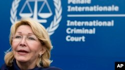 Ousted Venezuelan prosecutor general Luisa Ortega gives a brief statement after presenting evidence denouncing President Maduro for crimes against humanity at the International Criminal Court in The Hague, Netherlands, Nov. 16, 2017.