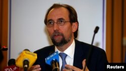 FILE - United Nations High Commissioner for Human Rights Zeid Ra'ad al-Hussein of Jordan address a news conference during his visit in Ethiopia's capital Addis Ababa, May 4, 2017.