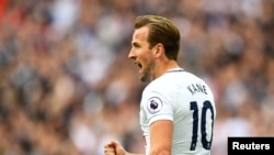Le joueur , Harry Kane de Tottenham lors d'un match contre Leicester City, Angleterre, le 13 mai 2018.