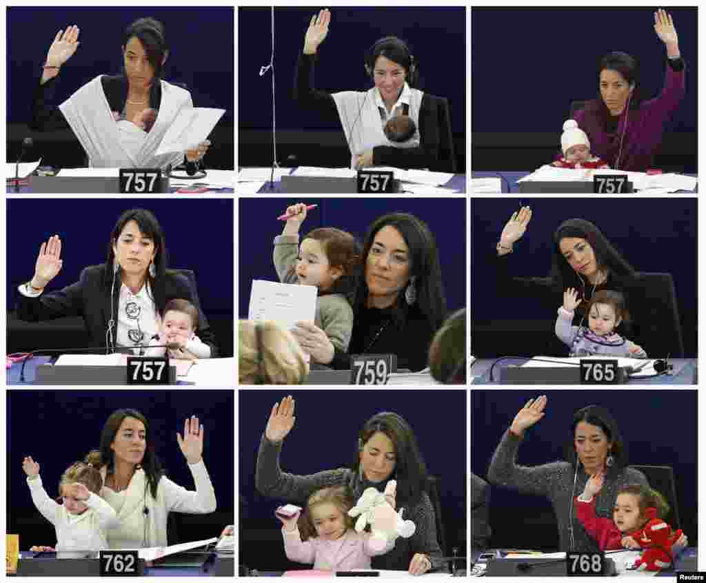 A combination picture shows Vittoria, daughter of Italy&#39;s Member of the European Parliament Licia Ronzulli, growing up as she attended with her mother in various voting sessions at the European Parliament in Strasbourg, France. Pictures taken from September 22, 2010 (Top row L) to November 19, 2013 (Bottom row R).