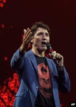 Canada's Prime Minister Justin Trudeau speaks to the crowd during the Global Citizen Festival concert on the eve of the G-20 summit in Hamburg, northern Germany, July 6, 2017.