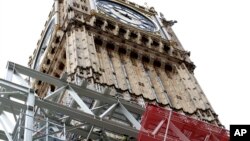 Scaffolding is erected around the Elizabeth Tower, which includes the landmark 'Big Ben' clock, as part of ongoing conservation efforts at the Palace of Westminster in London, Aug. 3, 2017.