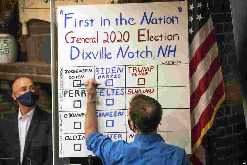 A man tallies the votes from the five ballots cast just after midnight in Dixville Notch, New Hampshire.