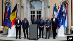 The Foreign Ministers from EU's founding six members: Luxemburg, Germany, Italy, Belgium, France and the Netherlands, speak to the media after the British referendum.