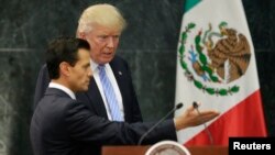 U.S. Republican presidential nominee Donald Trump and Mexico's President Enrique Pena Nieto arrive for a press conference at the Los Pinos residence in Mexico City, Mexico, Aug. 31, 2016.