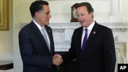 Republican presidential candidate, former Massachusetts Gov. Mitt Romney meets with British Prime Minister David Cameron at 10 Downing Street†in London, July 26, 2012. 