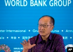 World Bank President Jim Yong Kim speaks during a press conference ahead of the annual meetings of the IMF and World Bank in Bali, Indonesia, Oct. 11, 2018.