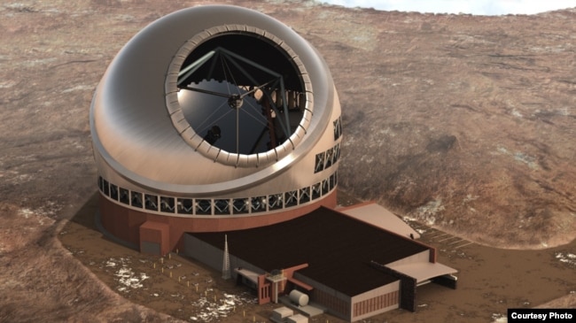 Artist's rendering of the Thirty Meter Telescope (TMT), to be built on the side of the slope of Mauna Kea away from most of the existing telescopes on the top of the summit. Courtesy: TMT International Observatory