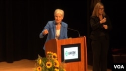 In her Green Party presidential nomination acceptance speech in Houston, Jill Stein went through a list of left-of-center positions the party presents in its platform, including a government payoff of student loan debt, an end to free-trade agreements, and an end to U.S. military action in the Middle East, Aug. 6, 2016. (G. Flakus/VOA)