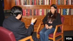 The Khmer Service’s Sok Khemara interviews Cambodian land rights activist Tep Vanny at the VOA Studios.